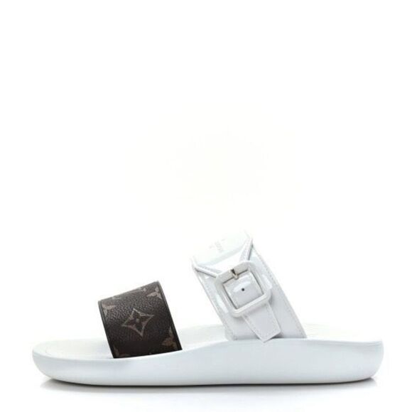 LOUIS VUITTON White Sunbath Flat Slide Sandals 39 US 9 Brown Monogram Canvas - Picture 2 of 12